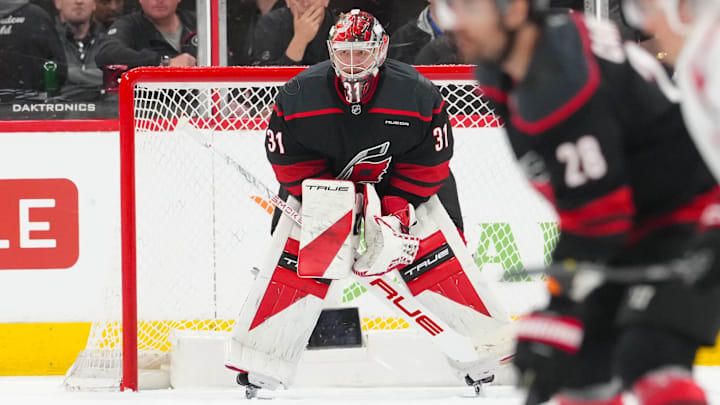 Apr 18, 2026; Raleigh, North Carolina, USA; Carolina Hurricanes goaltender Frederik Andersen (31) looks against the Ottawa Senators during the third period in game one of the first round of the 2026 Stanley Cup Playoffs at Lenovo Center. Mandatory Credit: James Guillory-Imagn Images