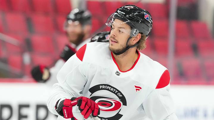 Jun 1, 2026; Raleigh, North Carolina, USA; Carolina Hurricanes center Jesperi Kotkaniemi (82) skates during the practice during media day for the 2026 Stanley Cup Final at Lenovo Center. Mandatory Credit: James Guillory-Imagn Images