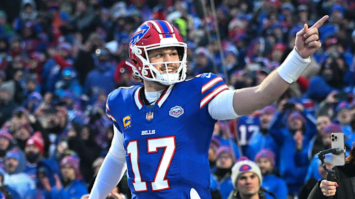 Jan 4, 2026; Orchard Park, New York, USA; Buffalo Bills quarterback Josh Allen (17) enters the field before a game against the New York Jets at Highmark Stadium. Mandatory Credit: Mark Konezny-Imagn Images