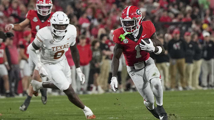 Georgia Bulldogs wide receiver Zachariah Branch (1) runs the ball in the first half against the Texas Longhorns at Sanford Stadium. Georgia Bulldogs wide receiver Zachariah Branch (1) runs the ball in the first half against the Texas Longhorns at Sanford Stadium.