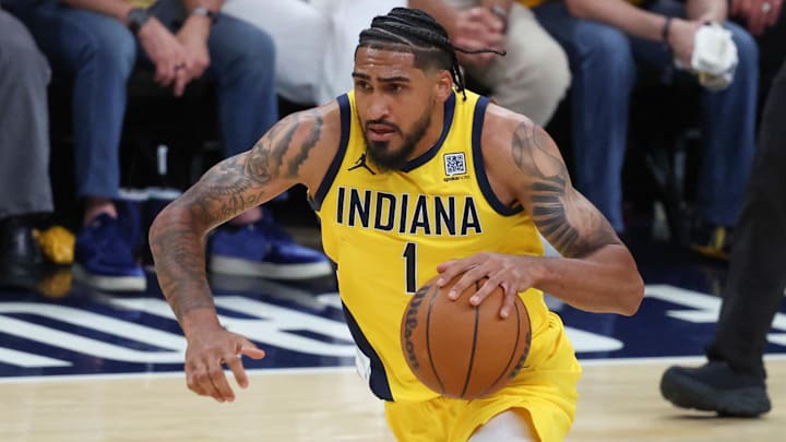 May 31, 2025; Indianapolis, Indiana, USA; Indiana Pacers forward Obi Toppin (1) dribbles the ball against the New York Knicks in thex fourth quarter during game six of the eastern conference finals for the 2025 NBA Playoffs at Gainbridge Fieldhouse. Mandatory Credit: Trevor Ruszkowski-Imagn Images