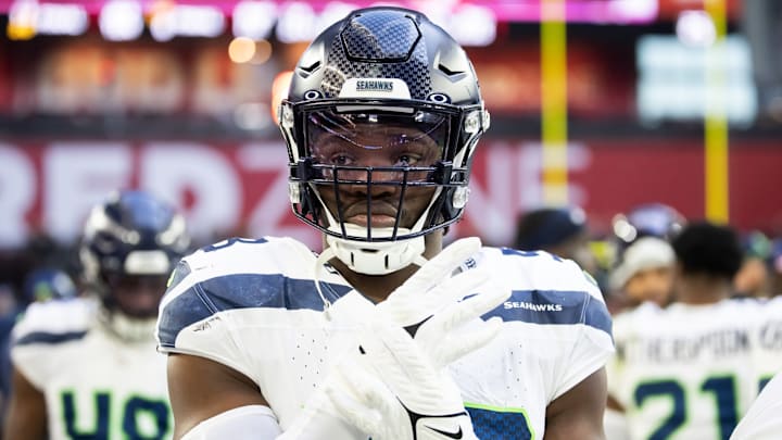 Dec 8, 2024; Glendale, Arizona, USA; Seattle Seahawks linebacker Boye Mafe (53) against the Arizona Cardinals at State Farm Stadium. 
