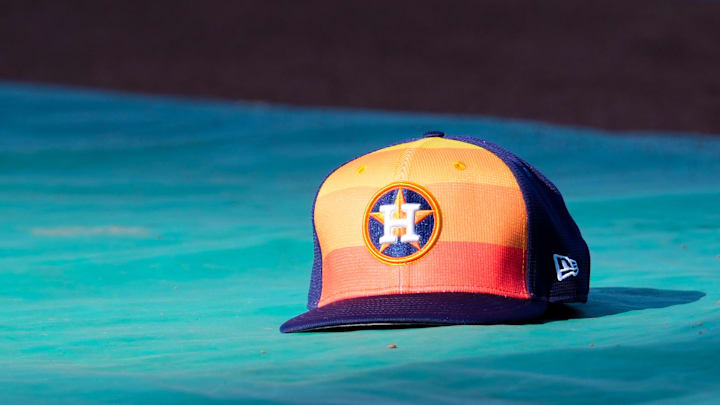 Apr 9, 2024; Kansas City, Missouri, USA; A general view of Houston Astros second base Jose Altuve (27) hat on the field during batting practice prior to a game against the Kansas City Royals at Kauffman Stadium. Mandatory Credit: Denny Medley-Imagn Images Apr 9, 2024; Kansas City, Missouri, USA; A general view of Houston Astros second base Jose Altuve (27) hat on the field during batting practice prior to a game against the Kansas City Royals at Kauffman Stadium. Mandatory Credit: Denny Medley-Imagn Images