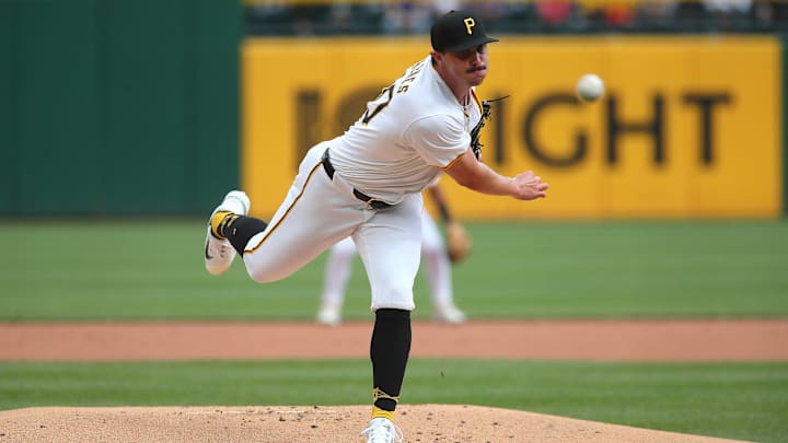 Pittsburgh Pirates starting pitcher Paul Skenes (30) delivers a pitch during the first inning of his MLB Debut against the Chicago Cubs Saturday evening at PNC Park in Pittsburgh, PA.