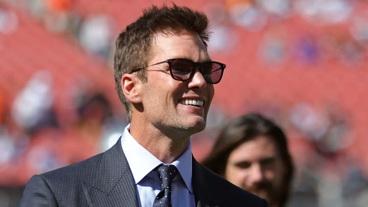 NFL legend Tom Brady is all smiles before an NFL football game at Huntington Bank Field, Sunday, Sept. 8, 2024, in Cleveland, Ohio. NFL legend Tom Brady is all smiles before an NFL football game at Huntington Bank Field, Sunday, Sept. 8, 2024, in Cleveland, Ohio.