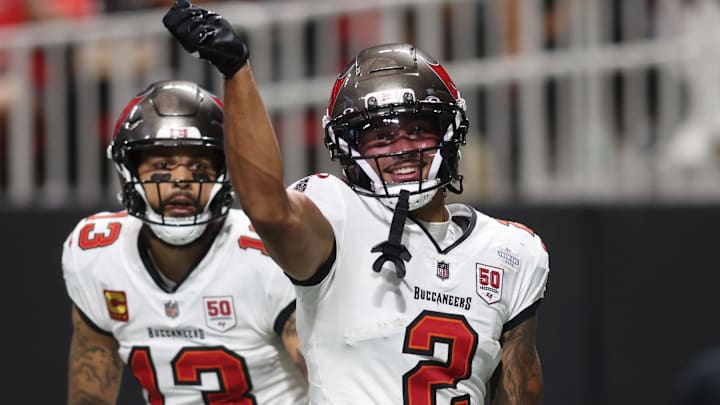 Sep 7, 2025; Atlanta, Georgia, USA; Tampa Bay Buccaneers wide receiver Fantasy Stud Emeka Egbuka (2) reacts after scoring a touchdown against the Atlanta Falcons