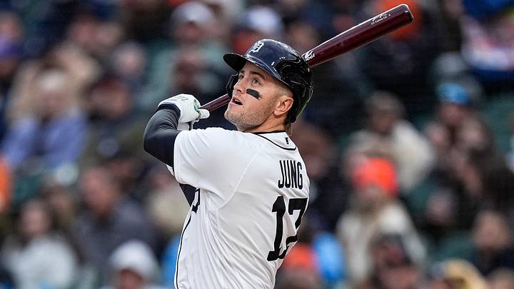 Detroit Tigers designated hitter Jace Jung (17) bats. Credit