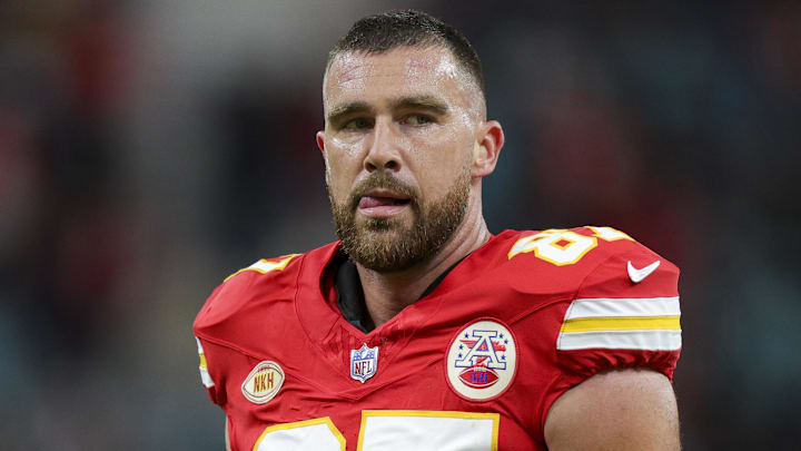 Nov 5, 2023; Frankfurt, Germany, ;  Kansas City Chiefs tight end Travis Kelce (87) warms up before an NFL International Series game against the Miami Dolphins at Deutsche Bank Park. Mandatory Credit: Nathan Ray Seebeck-Imagn Images
