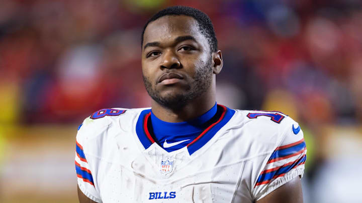 Jan 26, 2025; Kansas City, MO, USA; Buffalo Bills wide receiver Amari Cooper (18) against the Kansas City Chiefs during the AFC Championship game at GEHA Field at Arrowhead Stadium. Mandatory Credit: Mark J. Rebilas-Imagn Images