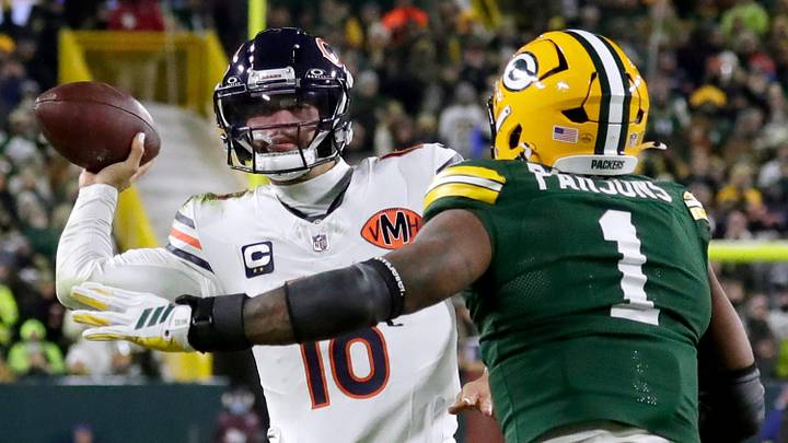 Green Bay Packers defensive end Micah Parsons (1) pressures Chicago Bears quarterback Caleb Williams (18) Green Bay Packers defensive end Micah Parsons (1) pressures Chicago Bears quarterback Caleb Williams (18)
