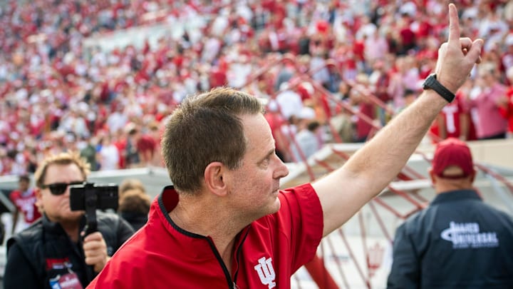Indiana football coach Curt Cignetti leaves the field Nov. 15, 2025, after beating Wisconsin, 31-7, at Memorial Stadium.