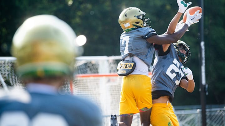 Knoxville Catholic's Tyreek King (7) tries to bring in a catch during a summer football practice held at Catholic's football stadium in Knoxville on Monday, July 24, 2023.