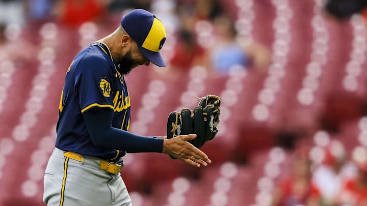 Aug 30, 2024; Cincinnati, Ohio, USA; Milwaukee Brewers relief pitcher Devin Williams (38) reacts after the victory over the Cincinnati Reds in the tenth inning at Great American Ball Park. Mandatory Credit: Katie Stratman-Imagn Images Aug 30, 2024; Cincinnati, Ohio, USA; Milwaukee Brewers relief pitcher Devin Williams (38) reacts after the victory over the Cincinnati Reds in the tenth inning at Great American Ball Park. Mandatory Credit: Katie Stratman-Imagn Images