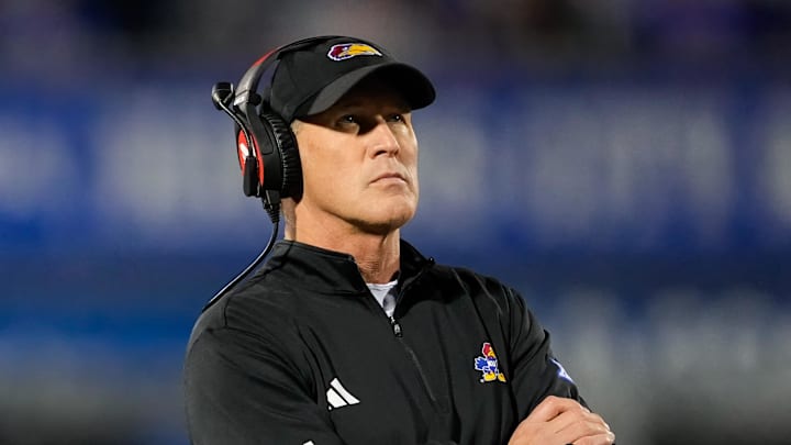Nov 18, 2023; Lawrence, Kansas, USA; Kansas Jayhawks head coach Lance Leipold reacts during the first half against the Kansas State Wildcats at David Booth Kansas Memorial Stadium. Mandatory Credit: Jay Biggerstaff-Imagn Images