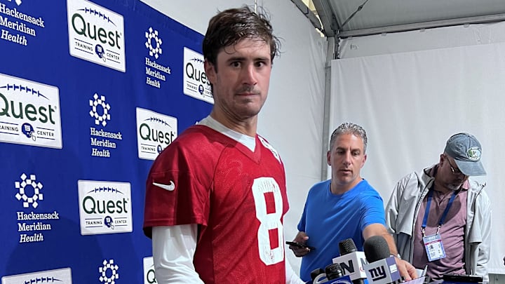 May 23, 2024: New York Giants QB Daniel Jones speaks to reporters following OTA #3.