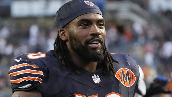 Sep 21, 2025; Chicago, Illinois, USA; Chicago Bears offensive tackle Braxton Jones (70) after the game against the Dallas Cowboys at Soldier Field.