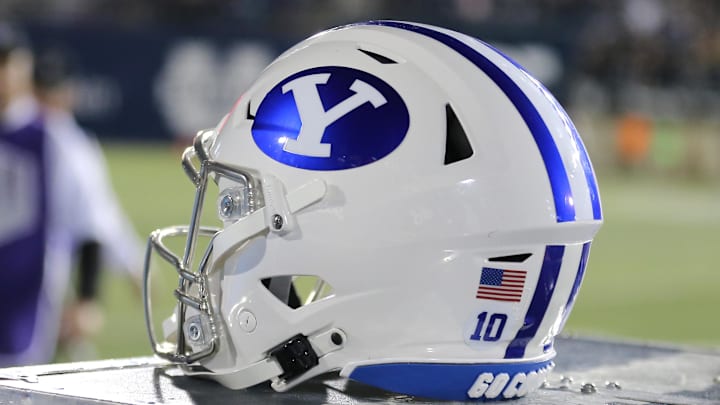 Oct 1, 2021; Logan, Utah, USA;  A general view of a helmet worn by Brigham Young Cougars during a