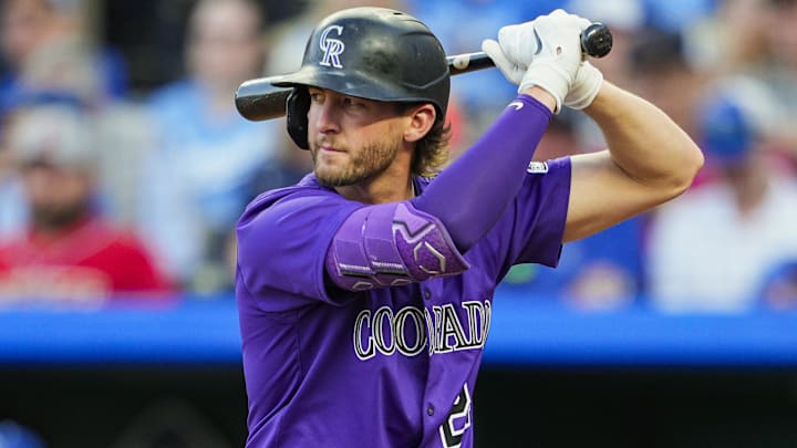 Apr 22, 2025; Kansas City, Missouri, USA; Colorado Rockies third baseman Ryan McMahon (24) bats against the Kansas City Royals at Kauffman Stadium