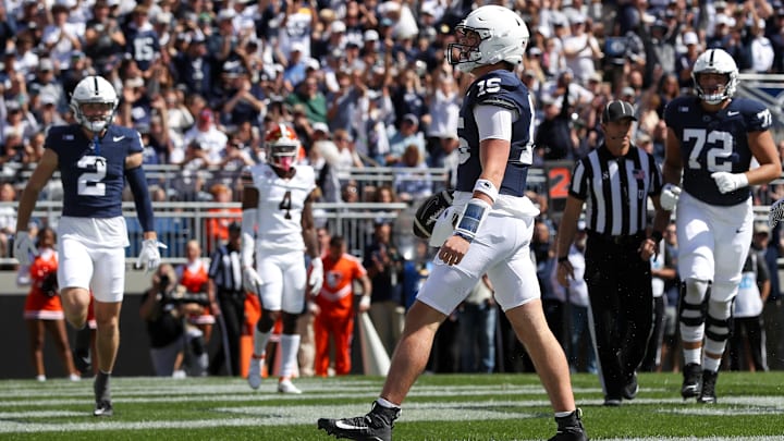 Sep 7, 2024; University Park, Pennsylvania, USA; Penn State Nittany Lions quarterback Drew Allar (15) celebrates after scoring a touchdown during the first quarter against the Bowling Green Falcons at Beaver Stadium. Mandatory Credit: Matthew O'Haren-Imagn Images Sep 7, 2024; University Park, Pennsylvania, USA; Penn State Nittany Lions quarterback Drew Allar (15) celebrates after scoring a touchdown during the first quarter against the Bowling Green Falcons at Beaver Stadium. Mandatory Credit: Matthew O'Haren-Imagn Images