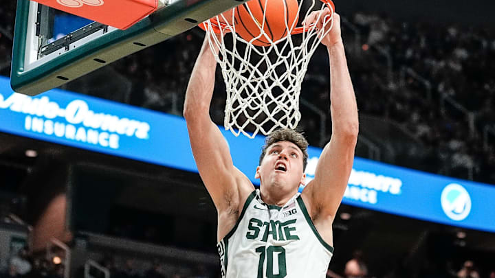 Michigan State center Szymon Zapala (10) dunks against Bowling Green during the first half at Breslin Center in East Lansing on Saturday, Nov. 16, 2024. Michigan State center Szymon Zapala (10) dunks against Bowling Green during the first half at Breslin Center in East Lansing on Saturday, Nov. 16, 2024.