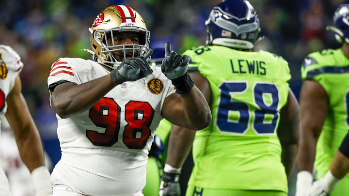 Nov 23, 2023; Seattle, Washington, USA; San Francisco 49ers defensive tackle Javon Hargrave (98) celebrates after a sack against the Seattle Seahawks during the second quarter at Lumen Field. Mandatory Credit: Joe Nicholson-Imagn Images Nov 23, 2023; Seattle, Washington, USA; San Francisco 49ers defensive tackle Javon Hargrave (98) celebrates after a sack against the Seattle Seahawks during the second quarter at Lumen Field. Mandatory Credit: Joe Nicholson-Imagn Images