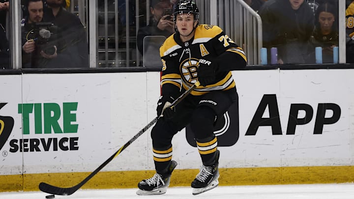 Feb 8, 2025; Boston, Massachusetts, USA; Boston Bruins defenseman Charlie McAvoy (73) against the Vegas Golden Knights during the second period at TD Garden. Mandatory Credit: Winslow Townson-Imagn Images