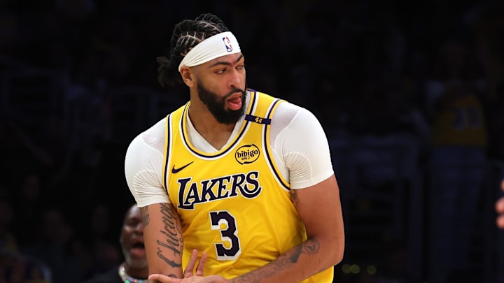 Oct 22, 2024; Los Angeles, California, USA; Los Angeles Lakers forward Anthony Davis (3) reacts to a three-point basket during the fourth quarter against the Minnesota Timberwolves at Crypto.com Arena. Mandatory Credit: Jason Parkhurst-Imagn Images Oct 22, 2024; Los Angeles, California, USA; Los Angeles Lakers forward Anthony Davis (3) reacts to a three-point basket during the fourth quarter against the Minnesota Timberwolves at Crypto.com Arena. Mandatory Credit: Jason Parkhurst-Imagn Images