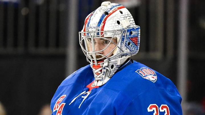 Mar 22, 2026; New York, New York, USA; New York Rangers goaltender Dylan Garand (33) warms up before a game against the Winnipeg Jets at Madison Square Garden.