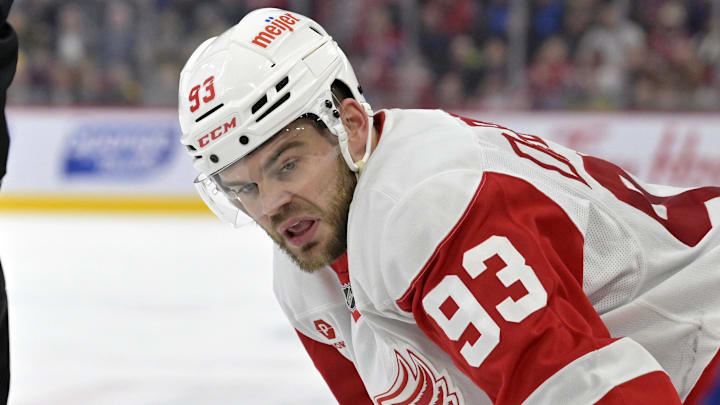 Detroit Red Wings forward Alex DeBrincat (93) prepares for a face off against the Montreal Canadiens during the third period at the Bell Centre. 