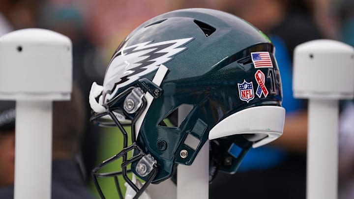 Sep 14, 2025; Kansas City, Missouri, USA; A general view of a Philadelphia Eagles helmet against the Kansas City Chiefs during the game at GEHA Field at Arrowhead Stadium. Mandatory Credit: Denny Medley-Imagn Images