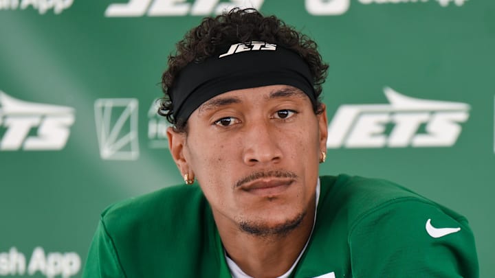 Jul 24, 2025; Florham Park, NY, USA; New York Jets wide receiver Josh Reynolds (83) speaks to the media during training camp at Atlantic Health Jets Training Center. Mandatory Credit: John Jones-Imagn Images