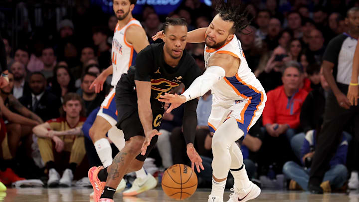 Apr 11, 2025; New York, New York, USA; Cleveland Cavaliers guard Darius Garland (10) and New York Knicks guard Jalen Brunson (11) fight for a loose ball during the fourth quarter at Madison Square Garden. Mandatory Credit: Brad Penner-Imagn Images Apr 11, 2025; New York, New York, USA; Cleveland Cavaliers guard Darius Garland (10) and New York Knicks guard Jalen Brunson (11) fight for a loose ball during the fourth quarter at Madison Square Garden. Mandatory Credit: Brad Penner-Imagn Images