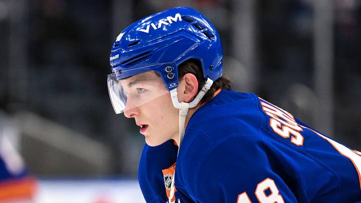 Dec 19, 2025; Elmont, New York, USA; New York Islanders defenseman Matthew Schaefer (48) warms up before a game against the Vancouver Canucks at UBS Arena. Mandatory Credit: John Jones-Imagn Images
