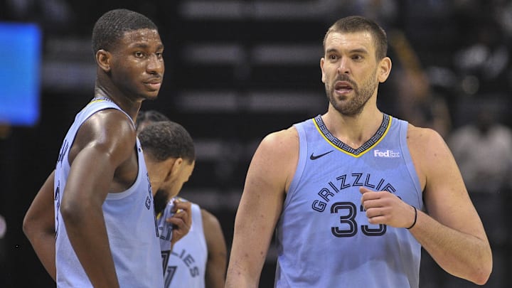 Jan 21, 2019; Memphis, TN, USA; Memphis Grizzlies forward Jaren Jackson Jr. (13) and center Marc Gasol (33) during the second half against the New Orleans Pelicans at FedExForum. The New Orleans Pelicans defeated the Memphis Grizzlies 105-85. Mandatory Credit: Justin Ford-Imagn Images
