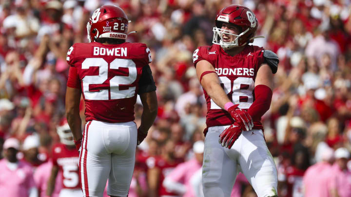 Oct 21, 2023; Norman, Oklahoma, USA; Oklahoma Sooners defensive back Peyton Bowen (22) and Oklahoma Sooners linebacker Danny Stutsman (28) react after a sack during the second half against the UCF Knights at Gaylord Family-Oklahoma Memorial Stadium. Mandatory Credit: Kevin Jairaj-USA TODAY Sports Oct 21, 2023; Norman, Oklahoma, USA; Oklahoma Sooners defensive back Peyton Bowen (22) and Oklahoma Sooners linebacker Danny Stutsman (28) react after a sack during the second half against the UCF Knights at Gaylord Family-Oklahoma Memorial Stadium. Mandatory Credit: Kevin Jairaj-USA TODAY Sports