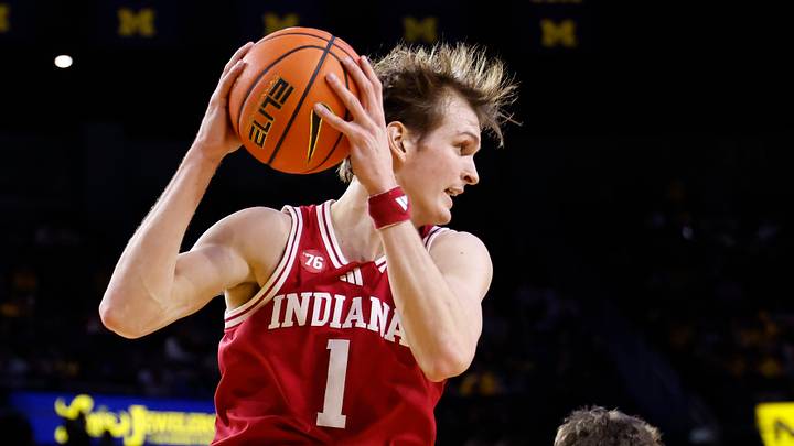 Jan 20, 2026; Ann Arbor, Michigan, USA;  Indiana Hoosiers forward Reed Bailey (1) grabs the rebound in the first half against the Michigan Wolverines at Crisler Center. Mandatory Credit: Rick Osentoski-Imagn Images