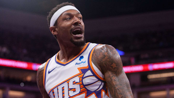 Apr 12, 2024; Sacramento, California, USA; Phoenix Suns guard Bradley Beal (3) reacts to a call during the second quarter at Golden 1 Center. Mandatory Credit: Ed Szczepanski-Imagn Images