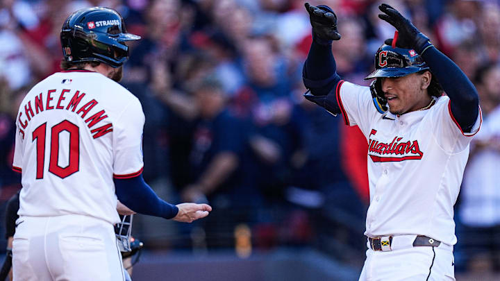 Cleveland Guardians catcher Bo Naylor (23), right, celebrates a 3-run home run against against Detroit Tigers during the eighth inning of Game 2 of AL wild-card series at Progressive Field in Cleveland, Ohio on Wednesday, Oct. 1, 2025.
