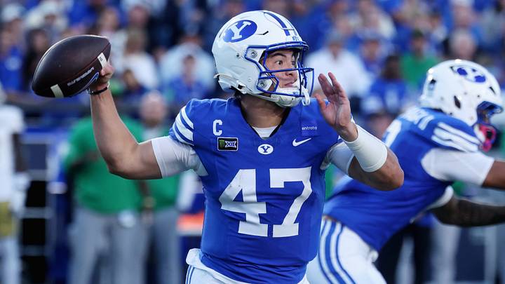 Oct 17, 2026; Provo, Utah, USA; Brigham Young Cougars quarterback Bear Bachmeier (47) passes against the Notre Dame Fighting Irish during the first half at LaVell Edwards Stadium. Mandatory Credit: Rob Gray-Imagn Images Oct 17, 2026; Provo, Utah, USA; Brigham Young Cougars quarterback Bear Bachmeier (47) passes against the Notre Dame Fighting Irish during the first half at LaVell Edwards Stadium. Mandatory Credit: Rob Gray-Imagn Images
