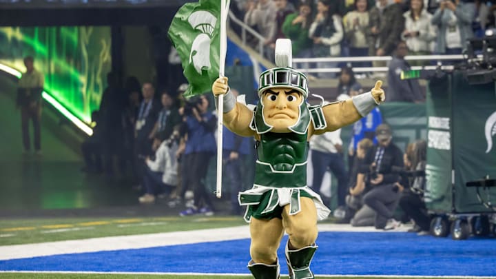 Nov 24, 2023; Detroit, Michigan, USA; Sparty the Michigan State Spartans mascot runs out of the tunnel before the game against Penn State at Ford Field. Mandatory Credit: David Reginek-Imagn Images