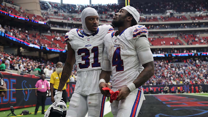 Oct 6, 2024; Houston, Texas, USA; Buffalo Bills cornerback Rasul Douglas (31) and running back James Cook (4) walk to the tunnel after loosing to the Houston Texans at NRG Stadium.