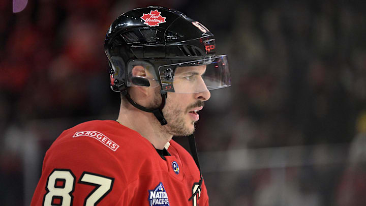 Feb 15, 2025; Montreal, Quebec, CAN; [Imagn Images direct customers only] Team Canada forward Sidney Crosby (87) skates in the warmup period during a 4 Nations Face-Off ice hockey game against Team United States at the Bell Centre. Mandatory Credit: Eric Bolte-Imagn Images