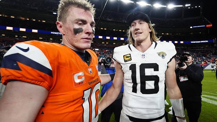 Dec 21, 2025; Denver, Colorado, USA; Denver Broncos quarterback Bo Nix (10) and Jacksonville Jaguars quarterback Trevor Lawrence (16) meet after the game at Empower Field at Mile High. Mandatory Credit: Ron Chenoy-Imagn Images Dec 21, 2025; Denver, Colorado, USA; Denver Broncos quarterback Bo Nix (10) and Jacksonville Jaguars quarterback Trevor Lawrence (16) meet after the game at Empower Field at Mile High. Mandatory Credit: Ron Chenoy-Imagn Images