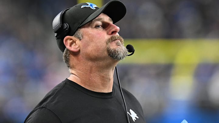 Detroit Lions head coach Dan Campbell reacts after the Buffalo Bills scored a touchdown on their first play after recovering an onside kick attempt by the Lions in the fourth quarter at Ford Field.