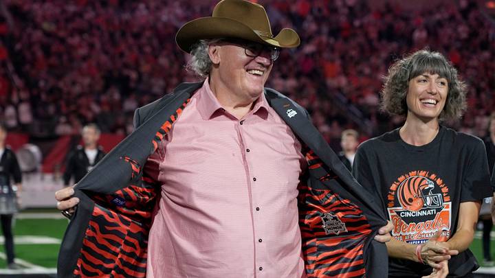 Tim Krumrie, former Bengals nose tackle who played 12-year for the Bengals shows his jacket during the Ring of Honor presentation Monday, September 23, 2024 at Paycor Stadium. Tim Krumrie, former Bengals nose tackle who played 12-year for the Bengals shows his jacket during the Ring of Honor presentation Monday, September 23, 2024 at Paycor Stadium.