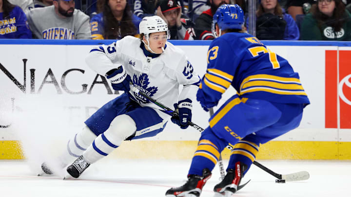 Mar 14, 2026; Buffalo, New York, USA; Toronto Maple Leafs right wing Easton Cowan (53) skates with the puck as Buffalo Sabres center Ryan McLeod (71) defends the puck during the third period at KeyBank Center. Mandatory Credit: Timothy T. Ludwig-Imagn Images Mar 14, 2026; Buffalo, New York, USA; Toronto Maple Leafs right wing Easton Cowan (53) skates with the puck as Buffalo Sabres center Ryan McLeod (71) defends the puck during the third period at KeyBank Center. Mandatory Credit: Timothy T. Ludwig-Imagn Images