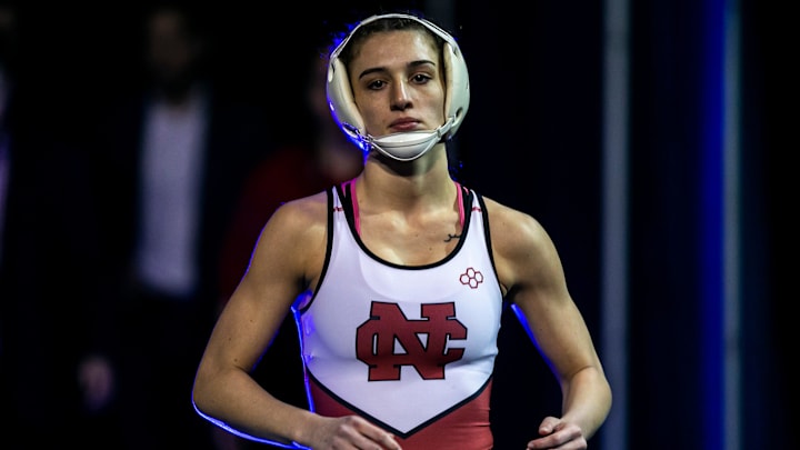 North Central's Amani Jones at 123 pounds is introduced before wrestling in the finals during the National Collegiate Women's Wrestling Championships, Saturday, March 4, 2023, at the Alliant Energy PowerHouse in Cedar Rapids, Iowa.

230304 Ncwwc Finals Wr 014 Jpg