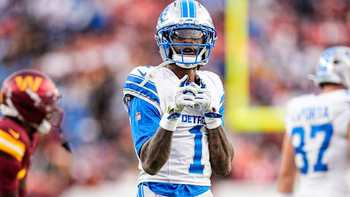 Detroit Lions wide receiver Jameson Williams (1) celebrates against first down against Washington Commanders during the first half at Northwest Stadium in Landover, Md. on Sunday, November 9, 2025.