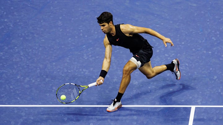 Aug 29, 2024; Flushing, NY, USA; Carlos Alcaraz of Spain in action against Botic van de Zandschulp of the Netherlands on day four of the 2024 U.S. Open tennis tournament at the USTA Billie Jean King National Tennis Center.