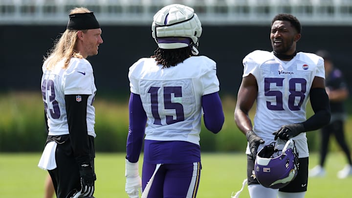 Jul 29, 2025; Eagan, MN, USA; Minnesota Vikings linebacker Andrew Van Ginkel (43), linebacker Dallas Turner (15) and linebacker Jonathan Greenard (58) talk during the teams training camp at the Minnesota Vikings Training Facility. Jul 29, 2025; Eagan, MN, USA; Minnesota Vikings linebacker Andrew Van Ginkel (43), linebacker Dallas Turner (15) and linebacker Jonathan Greenard (58) talk during the teams training camp at the Minnesota Vikings Training Facility.